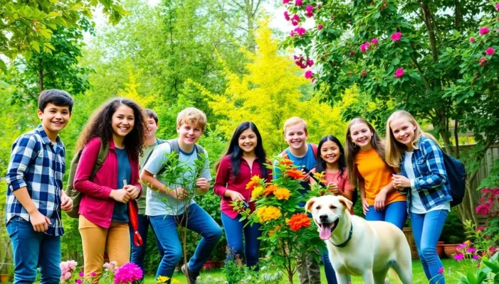 Young teens actively participating in tree care activities in a lush backyard.