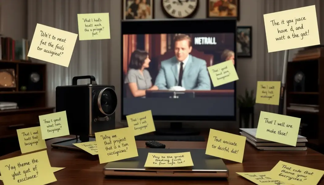 A freelancer takes notes while actively engaging with a classic film.