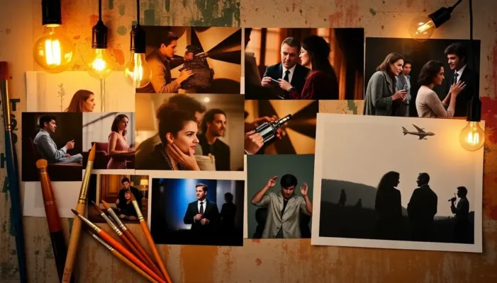 Collage of classic film scenes intertwined with creative symbols like paintbrushes and lightbulbs.