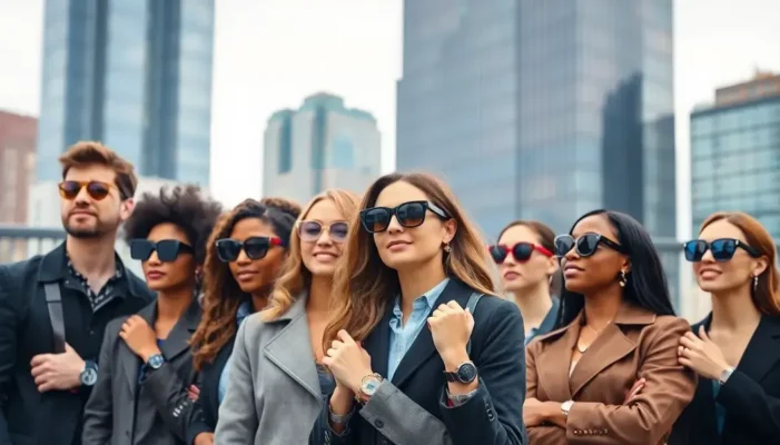A group of diverse individuals wearing fashionable wearable technology against a city background.