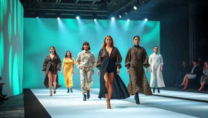 A futuristic fashion runway with models wearing eco-friendly, innovative outfits.