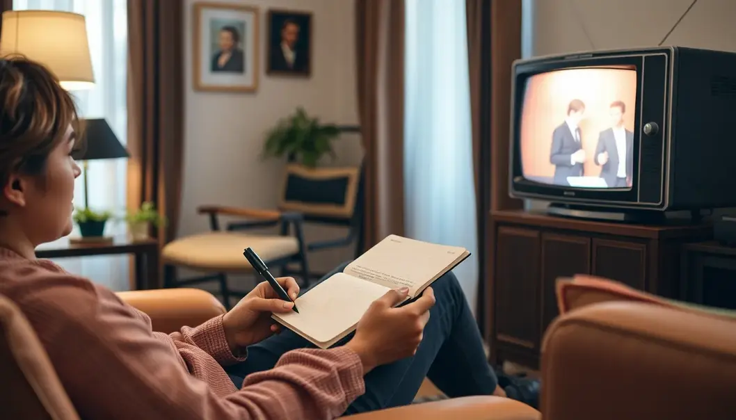 A freelancer takes notes while actively engaging with a classic film.