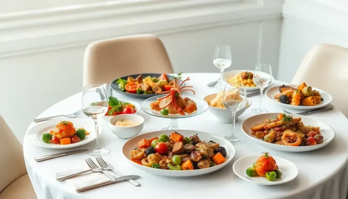 An elegantly set dining table with a selection of fusion dishes surrounded by stylish decor.