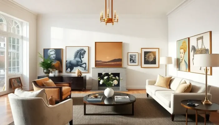 A luxurious living area with various artworks on the walls and elegant furniture setting the tone.