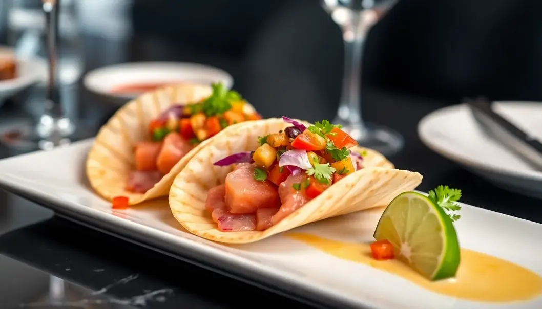 Sashimi tacos blend Japanese and Mexican cuisines for a chic fusion delight.