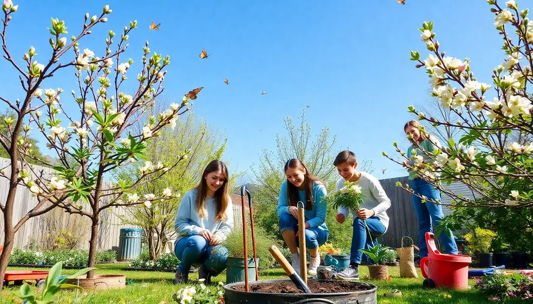 Teens joyfully tending to their backyard trees and preparing for spring growth.