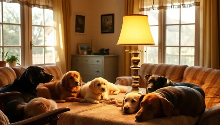 Restored vintage lamp in a room with several pets lounging, illustrating a comfortable and inviting home.