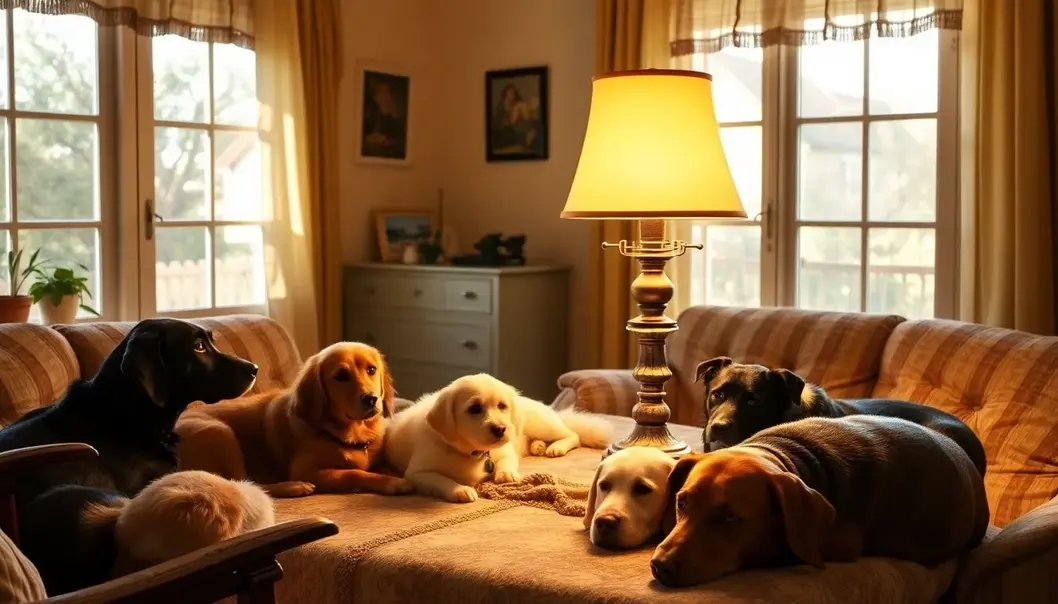 Restored vintage lamp in a room with several pets lounging, illustrating a comfortable and inviting home.